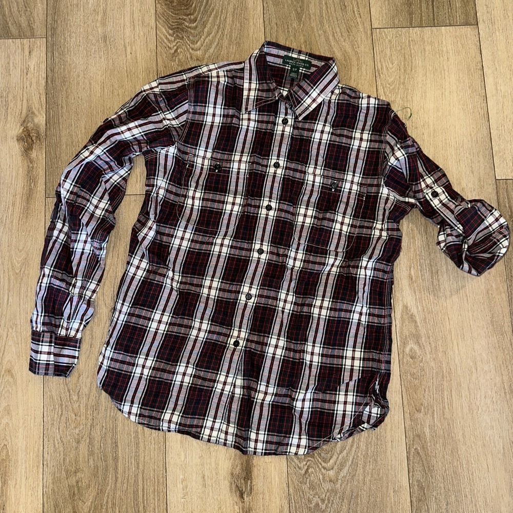 Lauren Ralph Lauren Shirt‎ Womens S/P Roll Tab Sleeve Flannel Plaid Red Black
